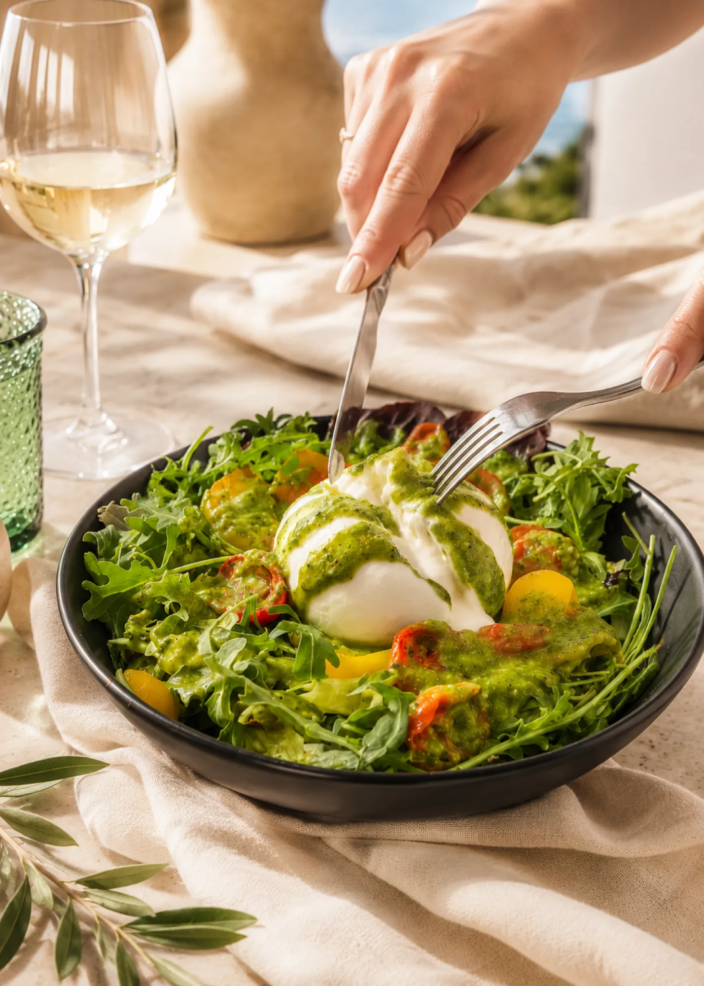 Ensalada de burrata con copa de vino