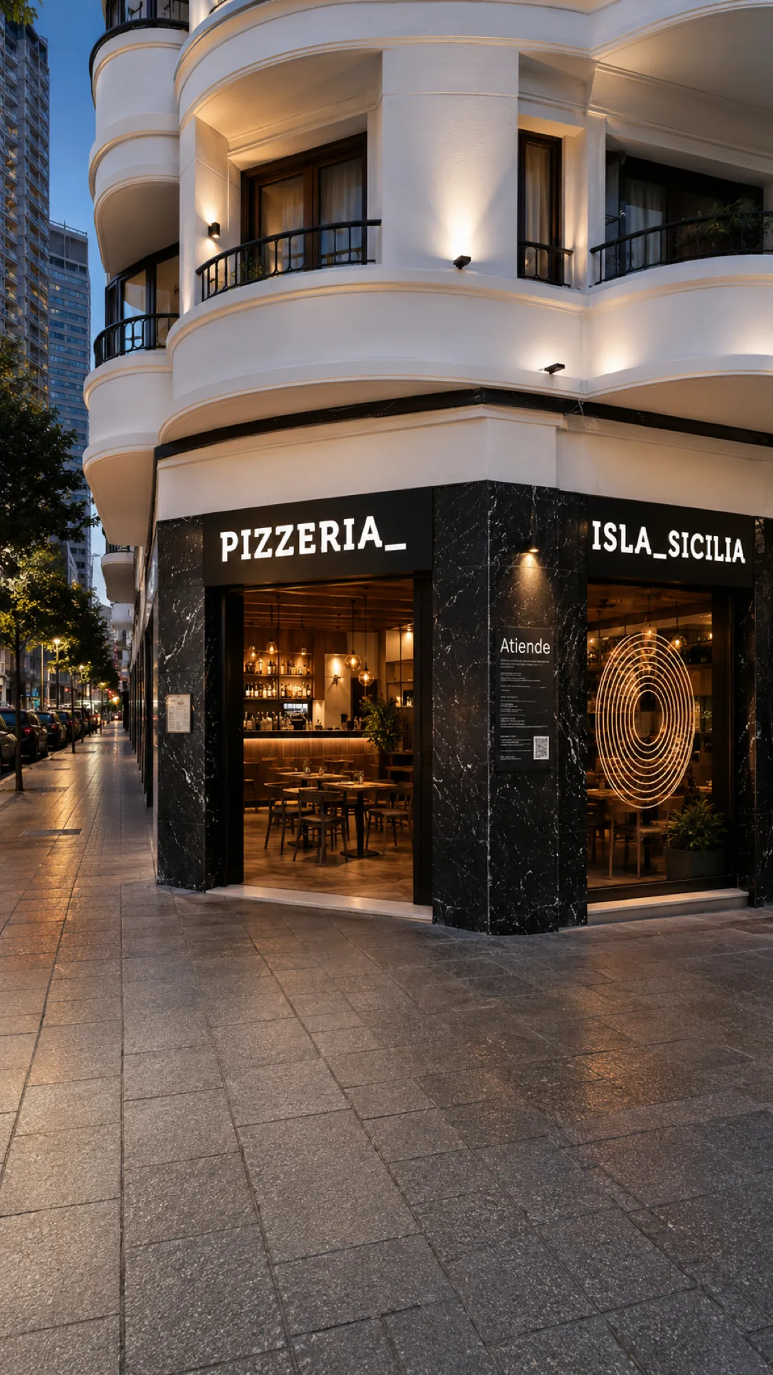 Fachada del restaurante Isla Sicilia en Bilbao de noche